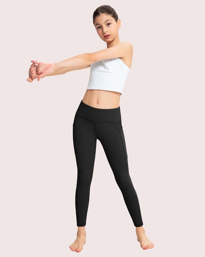 Girls Leggings with Pockets: High Waisted Yoga Workout Athletic Dance Running Pants 4 Packs
