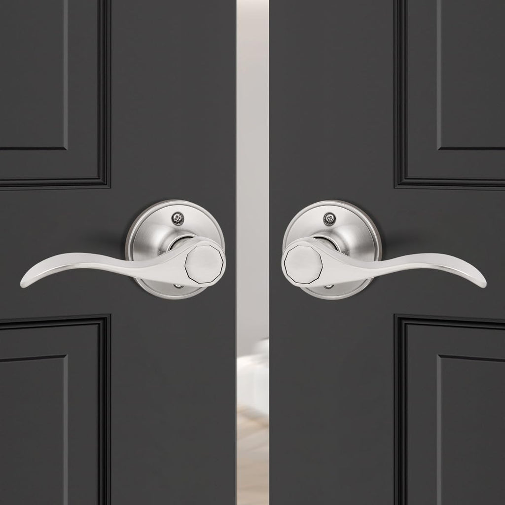 4 Pack Dummy Door Lever Door Handle for Left Hand and Right Hand, Wave Style French Door Handle with Satin Nickel