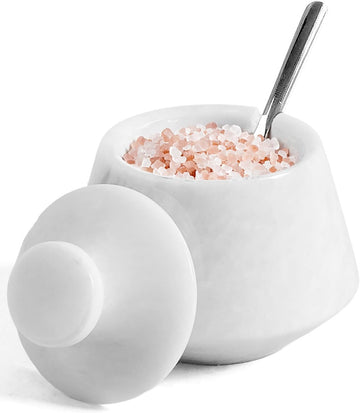 Marble White Salt Cellar with Lid & Spoon, 3 Inch