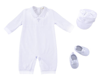 3 pcs Baby Boy Baptism Outfit with Hat and Shoes Long Sleeve White