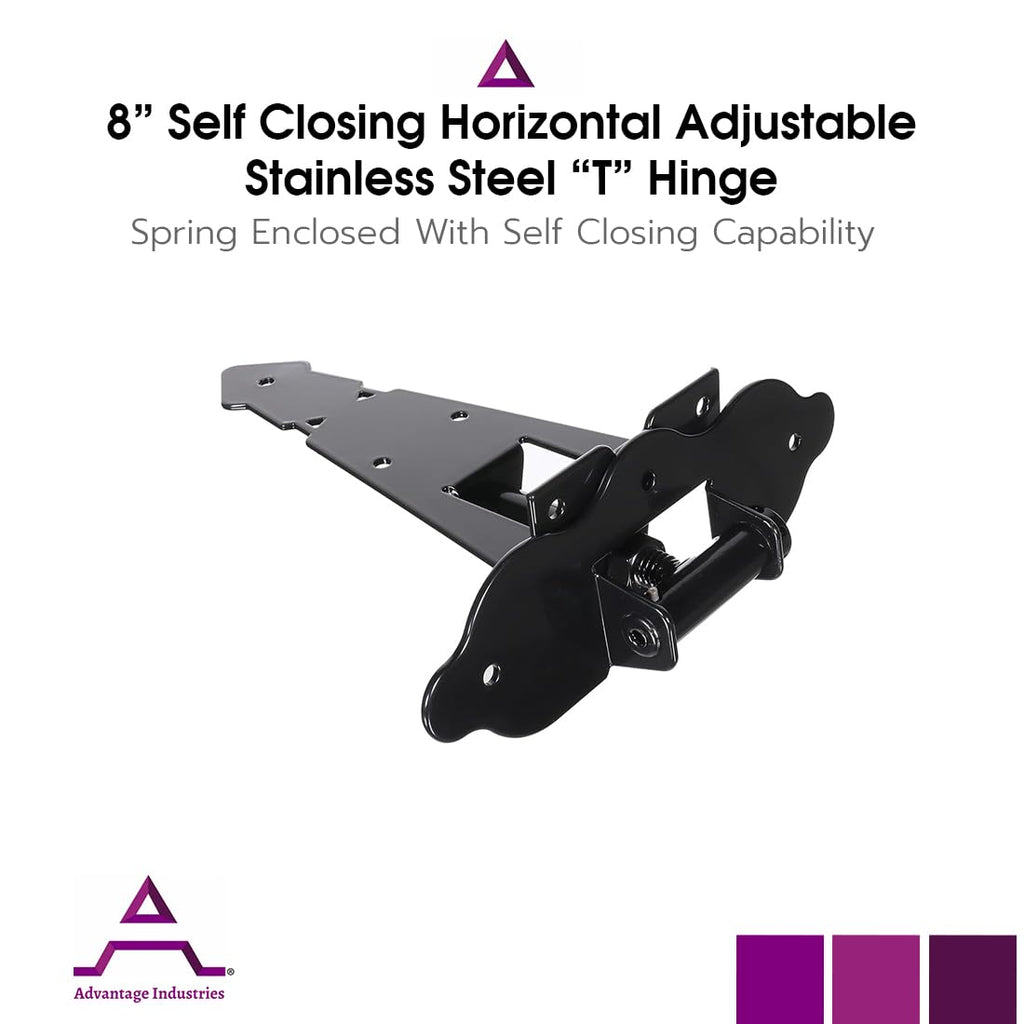 8" Self-Closing "T" Hinge | Industrial Stainless-Steel Gate Hinge | Horizontal Adjustable | Heavy-Duty Enclosed