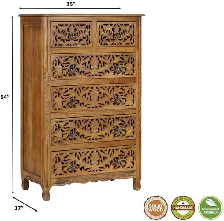 Solid Mango Wood 6-Drawer Tall Chest, 54 Inch, Brown Finish, Floral Carved Accents, Space-Saving Vertical Design