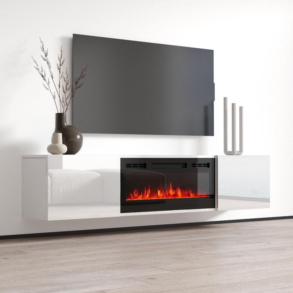 Cali BL-EF Electric Fireplace - Wall Mounted Media Console with Storage Cabinets - Modern High Gloss, 72