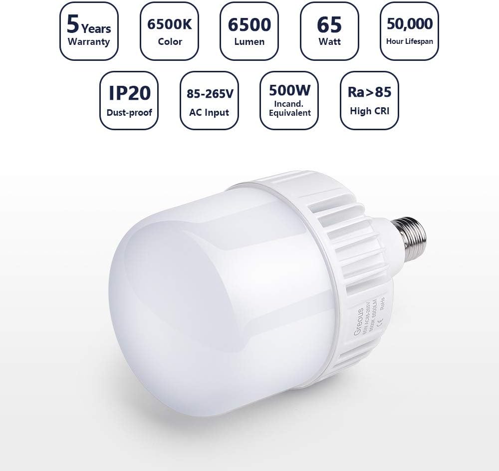 Super Bright 400W-500W Light Bulb Equivalent, 65W LED Bulb 120 Volt Cool White 6500K E26, 6500 Lumens,High Watt