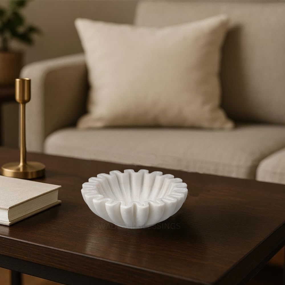 HandCrafted Marble Ruffle Bowl/Antique Scallop Bowl/Fruit Bowl/Vintage Ring Dish/Decorative Flower Dish/HouseWarming