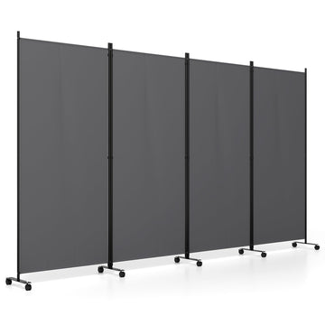 4-Panel Folding Room Divider with Wheels, 137'' x 71'', Gray