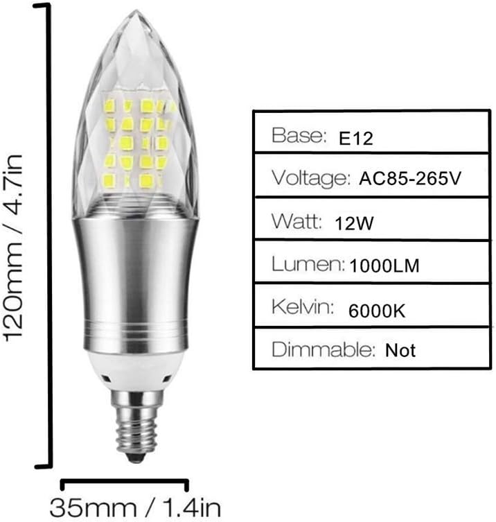 E12 LED Candelabra LED Bulbs 12W,12W Daylight White 6000K LED Candle Bulbs,Incandescent 80-100W Bulb Equivalent,E12