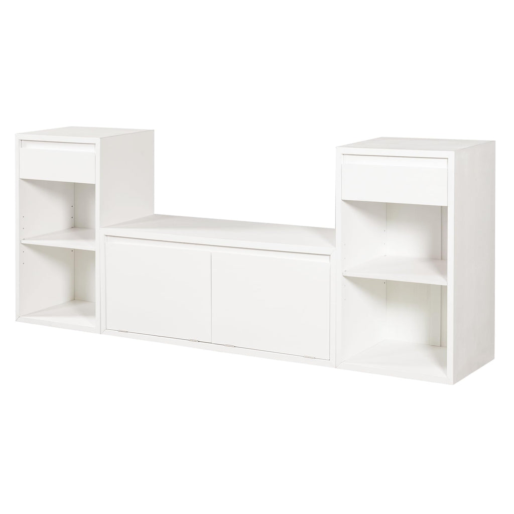 All-in-One Entryway Storage Bench with Cushion, Compartments, Drawers and Open Shelves, Farmhouse Storage Bench