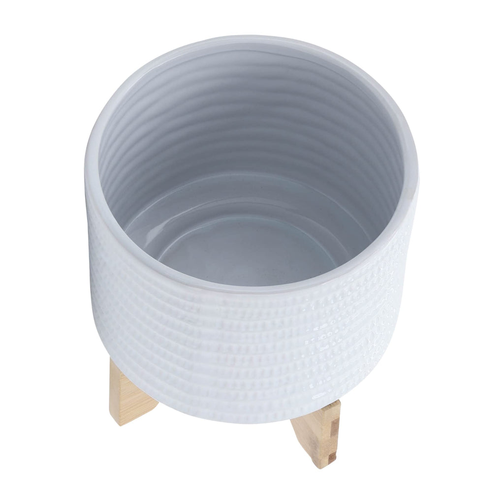 Ceramic Planter with Bamboo Stand - Modern Home Decor Indoor Plant Pot with Textured Stoneware Design - Decorative