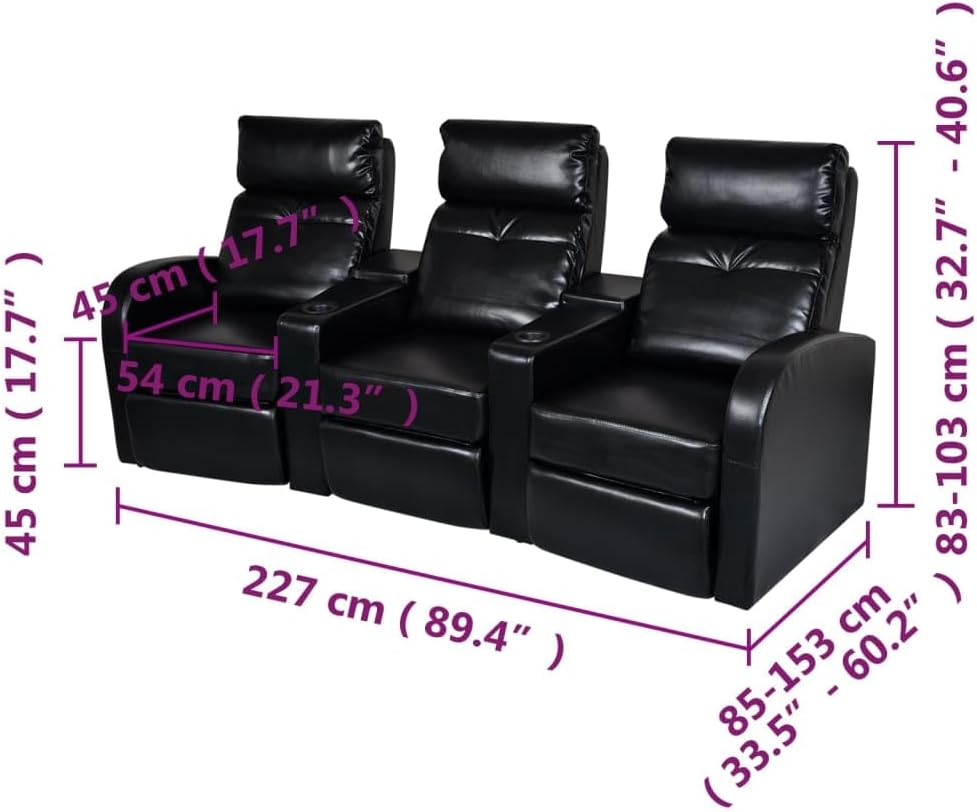 Sofa, 3 Seat Recliner Sofa with Adjustable Backrest, Upholstered Reclining Sofa Home Theater Seating, Modern Style, Black Faux Leather A120-B01N3XALZ3