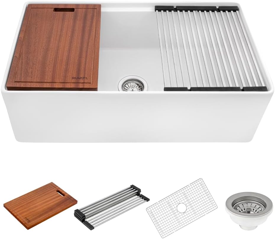 33 inch Fireclay Workstation Kitchen Sink - White Farmhouse Kitchen Sinks - Apron Front Sinks Single Bowl - MADE IN