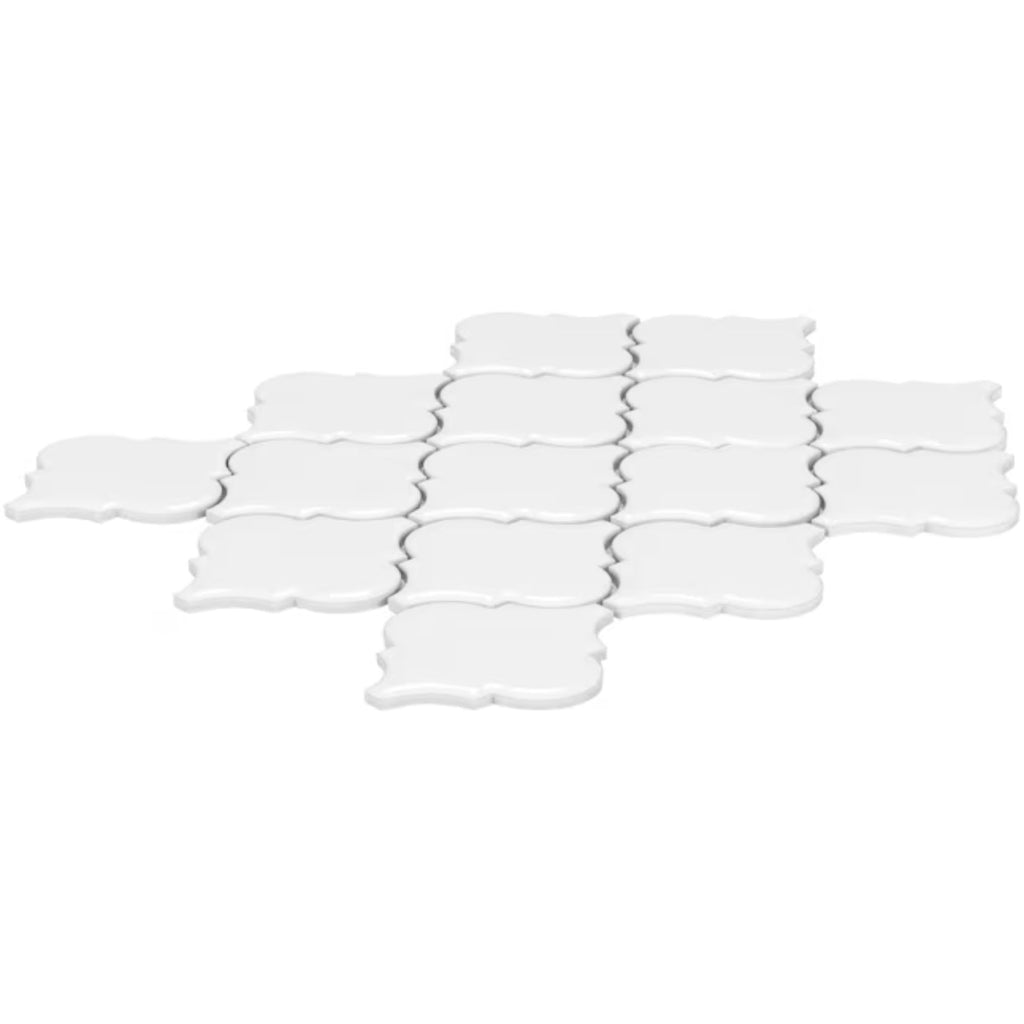 Crystal Glow Glossy White Arabesque Porcelain Mosaic Tile 12x13 in Backsplash Bathroom Wall Shower Fireplace Accent