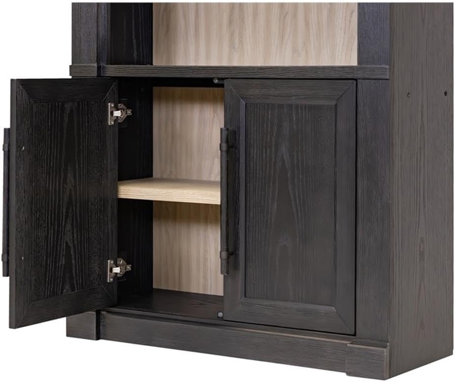 94" H 3-Unit Bookcase Wall, Solid Wood, Black Finish, Built-in Lighting, Adjustable Shelves and Doors, Includes