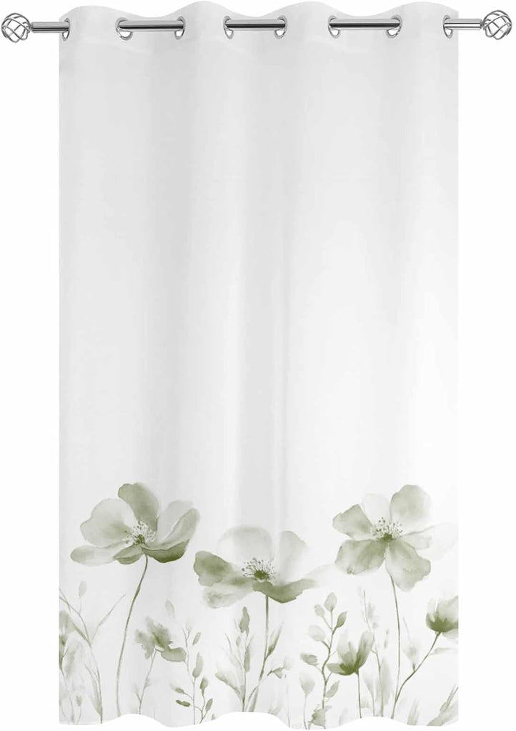 Outdoor Curtains Waterproof, Simple Style Watercolor Retro Sage Green Floral Lines Grommet Weatherproof Privacy