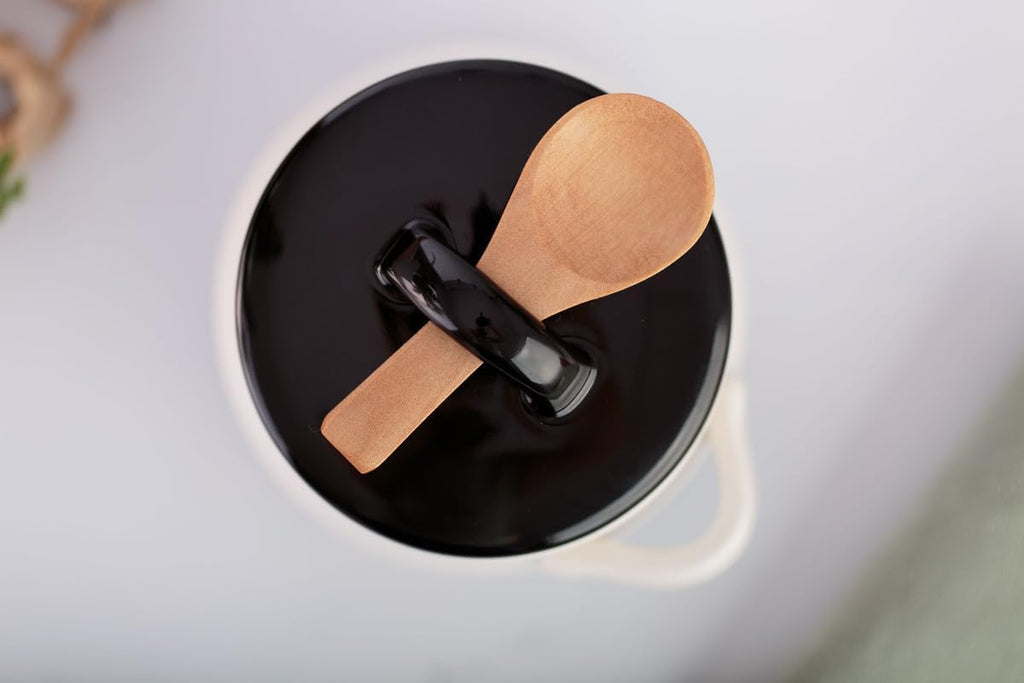 Salt Cellar with Lid and Spoon 10 oz - Handmade Ceramic Salt Keeper with 1.75 inch Lid and 3 inch Bamboo Spoon