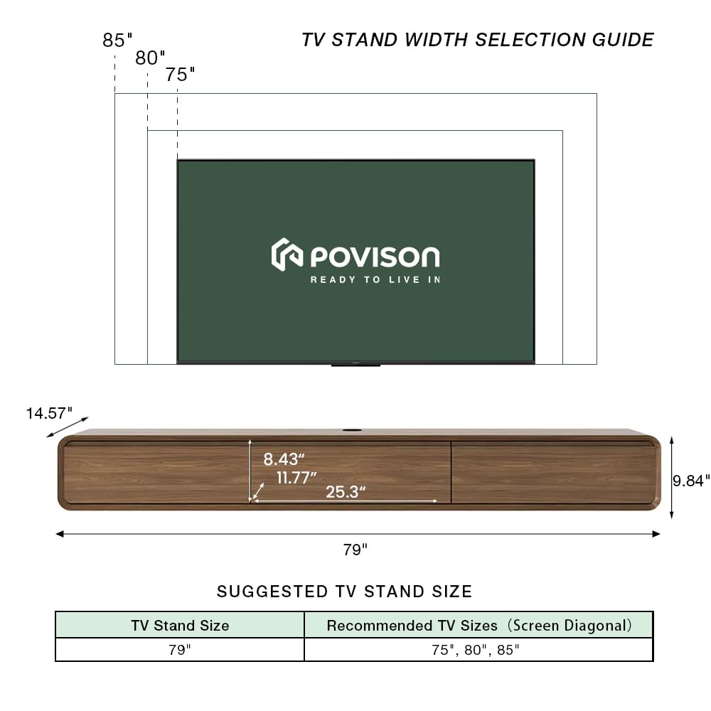 78" Fully Assembled Wood Floating TV Stand, Walnut