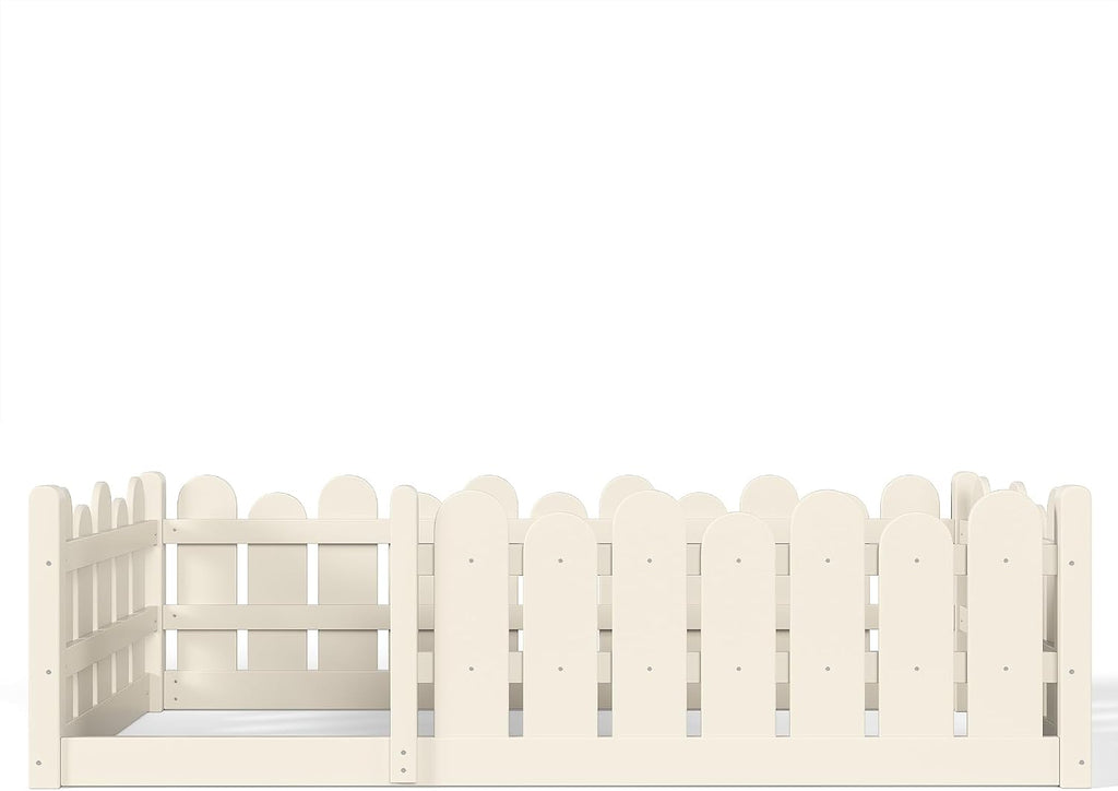 Twin Size Montessori Floor Bed with High Fence and Safety Guardrail, Solid Wood Floor Bed with Slats for Kids, Boys