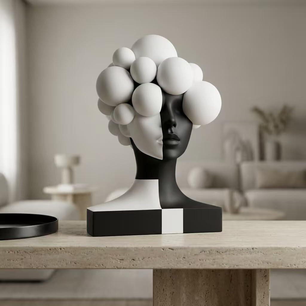 Creative Abstract Geometric Human Bust Sculpture, Resin,Black and White Color Blocking Design, Modern Art Decor