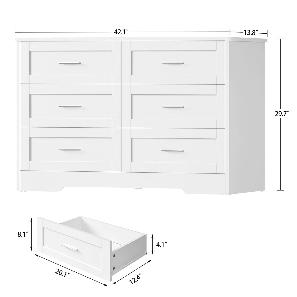 42.1"W White, Modern 6 Drawer with Metal Handles, Wood Dressers & Chest of Drawers, Wooden Closet Clothes Storage