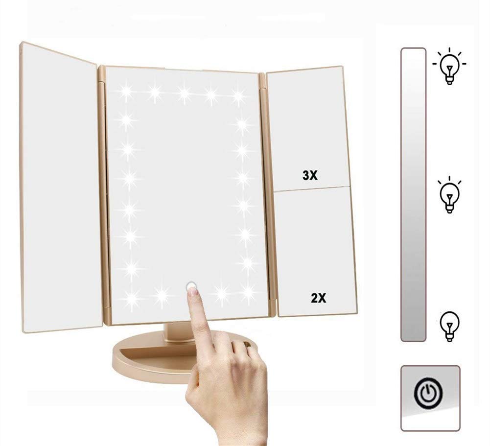 Trifold Makeup Mirror Vanity Mirror with Lights,1X 2X 3X Magnification,Touch Control,Adjustable Rotation,Dual Power