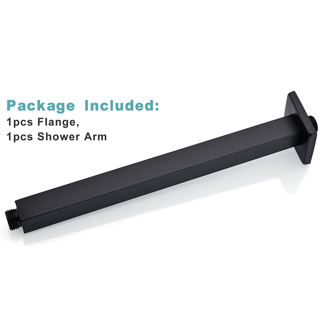 12 Inch Matte Black Ceiling Mount Shower Arm and Flange, Square Rain Shower Arm