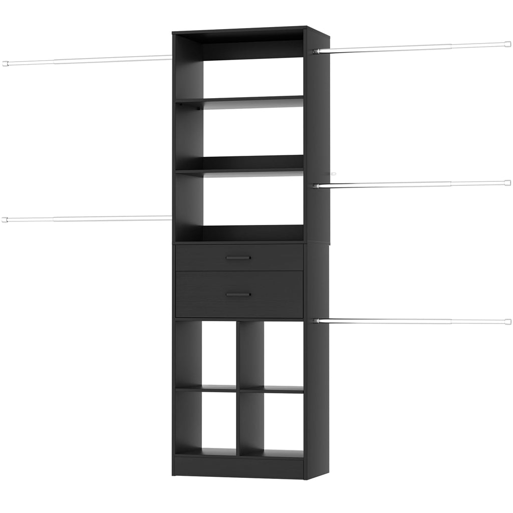 Closet System, 4-8 FT Closet Organizer Tower with 2 Wooden Drawers and Shelves, Can Fit 60 to 96 inch Walk-in Closet