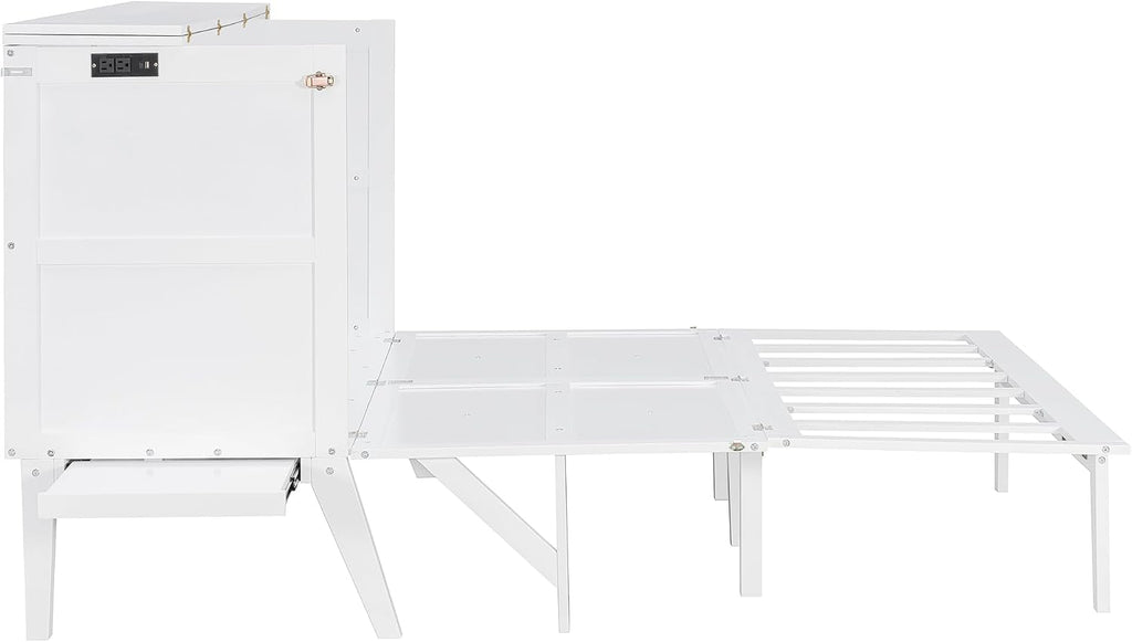 Queen Murphy Bed with Slide-Out Nightstand Shelves on Each Side & USB Port, 2-in-1 Foldable Bed Desk Wood MDF Murphy