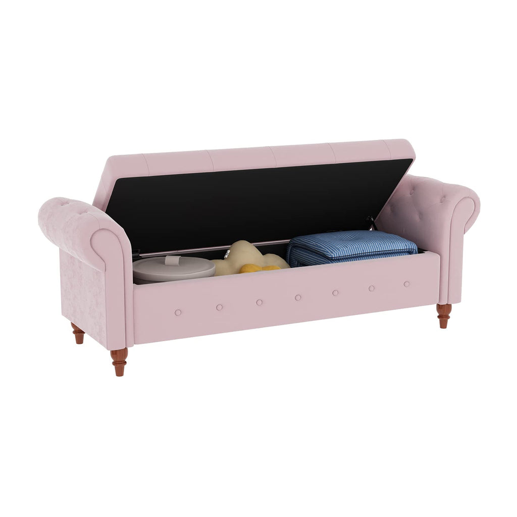 63" Tufted Storage Bench End of Bed, Velvet Upholstered Storage Ottoman Bench, Rolled Arm Window Bench Seat with Solid
