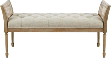 Isla Entryway Accent Bench Bedford Collection, Tufted Seat, Cane Side Frames, Farmhouse Bed End Bench , Indoor
