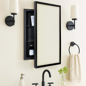 Black Recessed Bathroom Medicine Cabinet with Mirror Squared Corner Rectangle Metal Framed Medicine Cabinet with