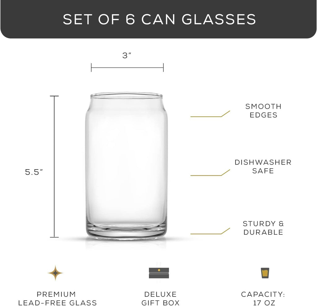 Drinking Glass Cups Set of 6-16oz Beer Can Glasses. Clear Soda Can Shaped Glass Cups, Cute Iced Coffee Cup Tumblers