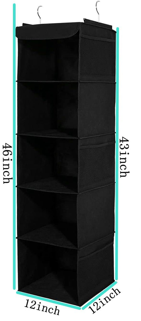 2 Pack Hanging Closet Organizer, 5 Shelves Hanging Storage with 6 Side Pockets for Clothes Shoes, 43"x12"x12"(Black)