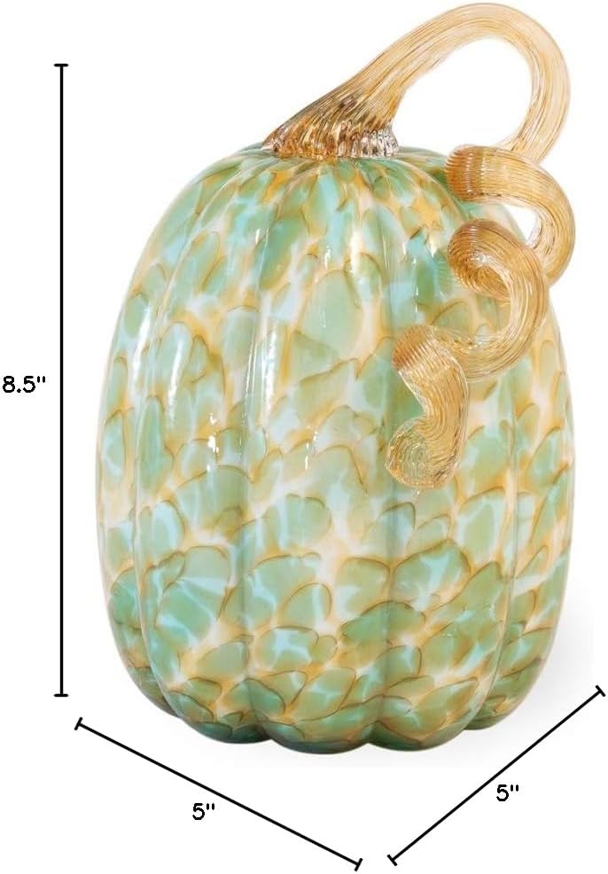 Decorative Handblown Glass Pumpkin Figurine, 5 x 8.5-Inches, Green and Gold