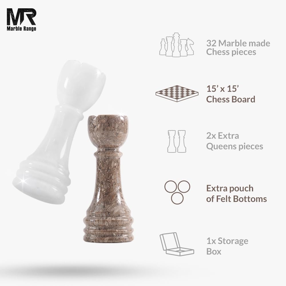 Marble Chess Set 15 Inch Oceanic and White Handmade Board Game with Storage Box, Classic Travel Chess Set for Adults