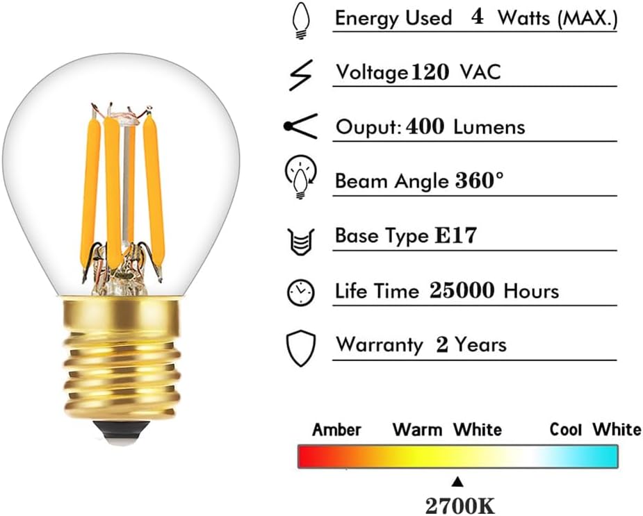 S11 LED Bulb Filament 4W Equivalent to 40 Watt Incandescent Appliance Bulb- E17 Intermediate Base Mini Globe Light