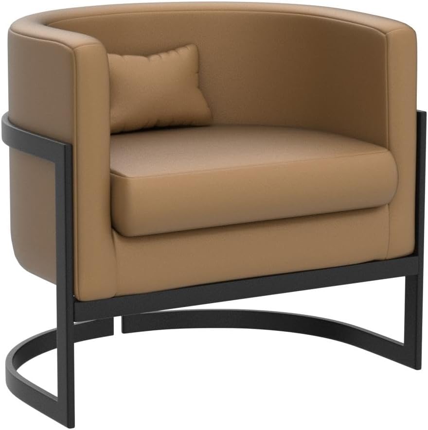 Upholstered Modern Living Room Chairs Barrel Accent Chair, Faux Leather Armchair Mid Century Lounge Chair Anti