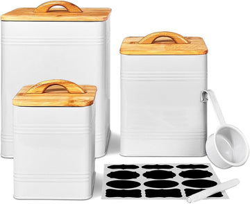 Kitchen Canister - Large 7 Qt Flour and Sugar Containers Airtight - White Metal Food Storage Jars - Set of 3