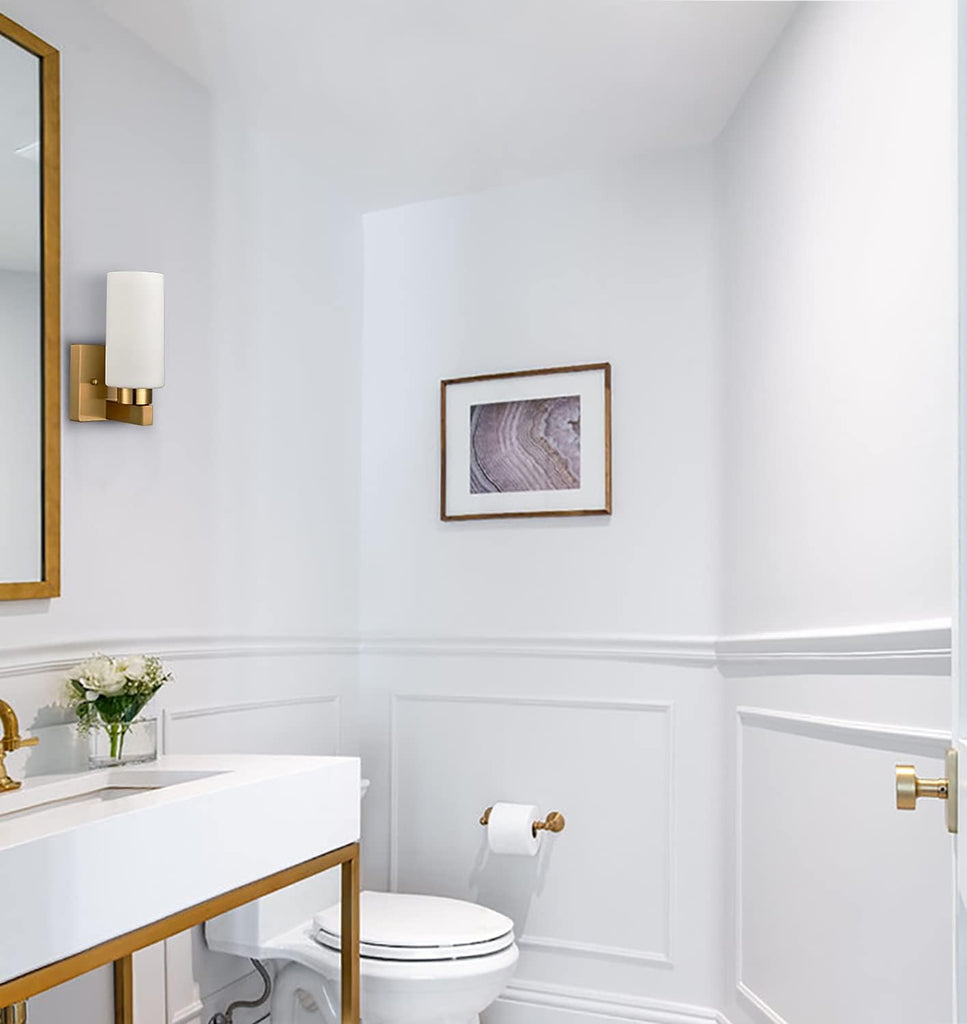 Modern Gold Wall Sconce Dimmable Bathroom Vanity Light with Milky White Cylinder Glass Shade Set of 2