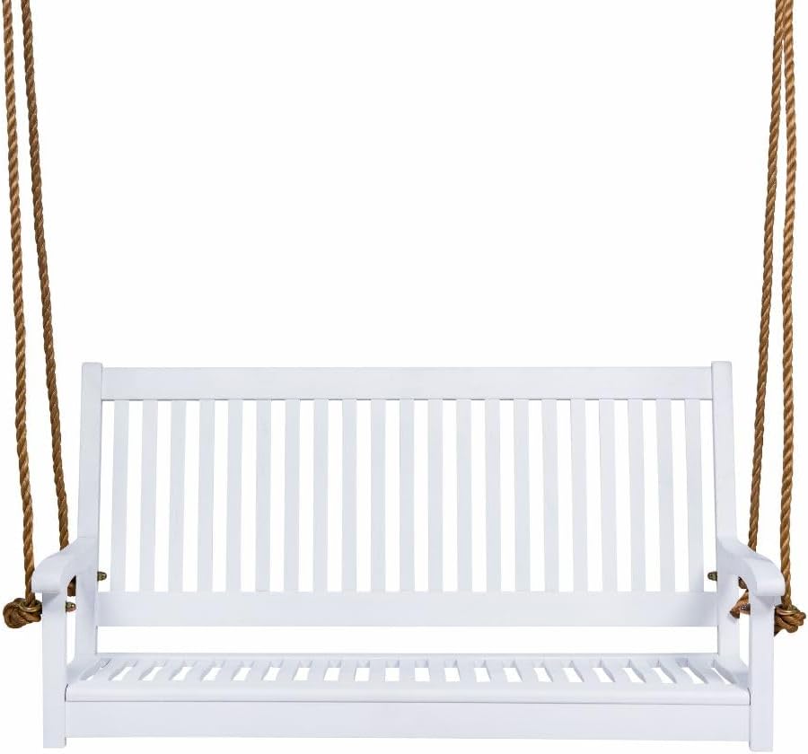 Hayden 5 Foot White Porch Swing with Ropes - Outdoor Bench Swing Crafted from Naturally Weather-Resistant Acacia Wood