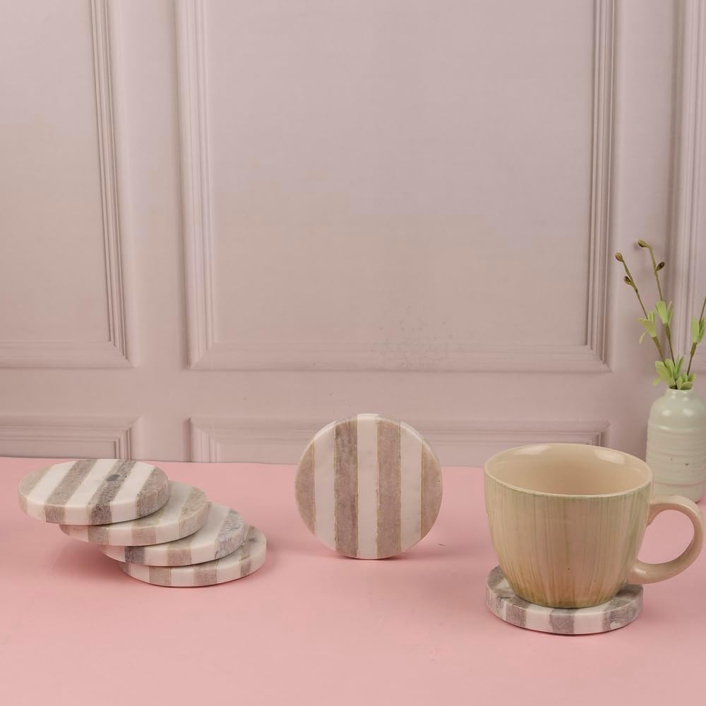 Handcrafted Marble Round Coasters with Striped Inlay White & Grey Marble Coasters for Wine Glasses, Drinks - Set of 6