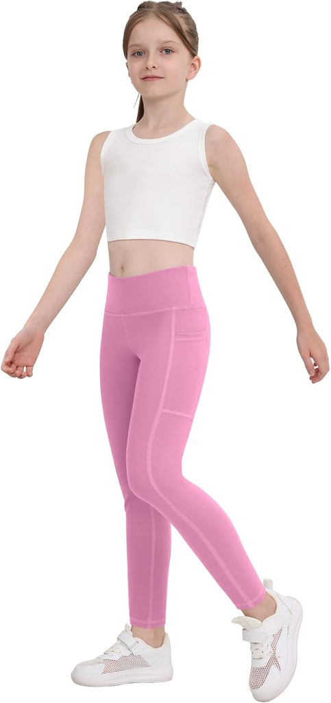 Girls' Athletic Leggings with Pockets, 5 Packs Kids Teen Dance Yoga Workout Running Pants
