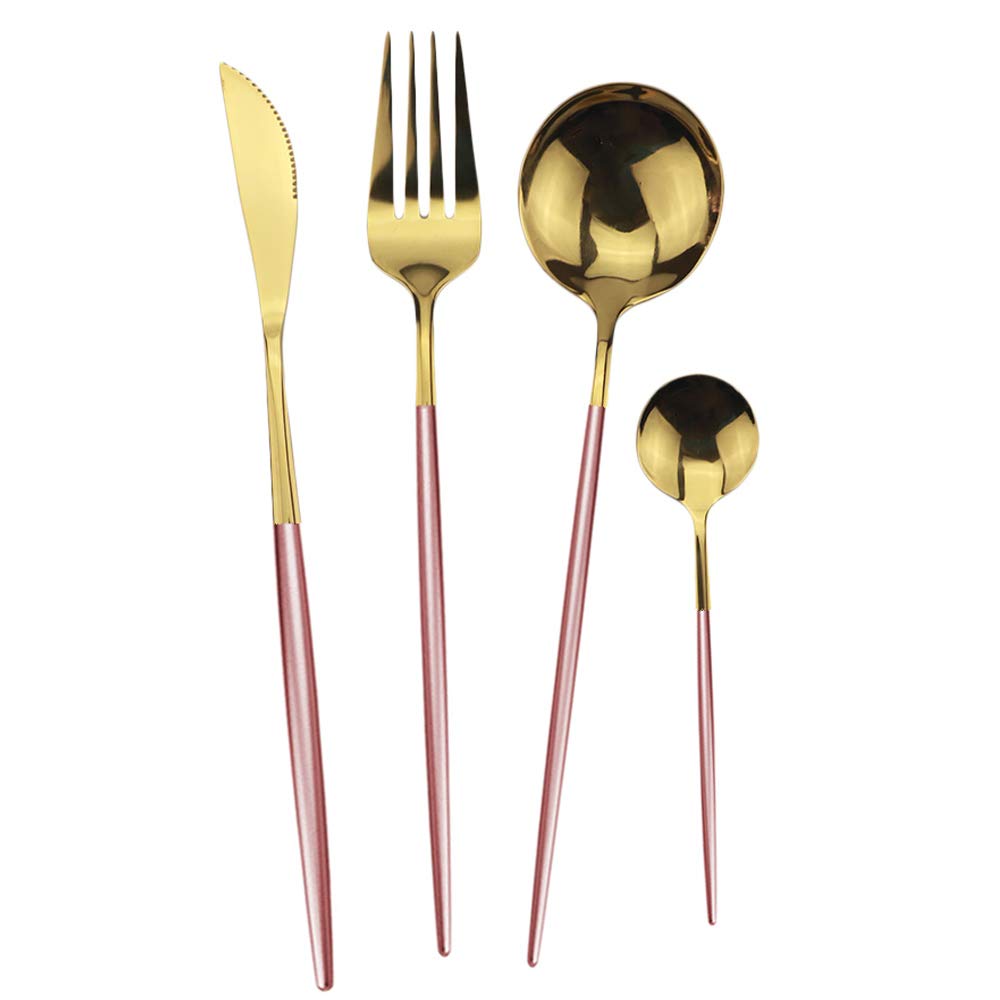 24-Piece Flatware Set, 18/0 Stainless Steel Knife Fork Spoon Teaspoon Silverware Set, Service for 6, Pink Handle Gold