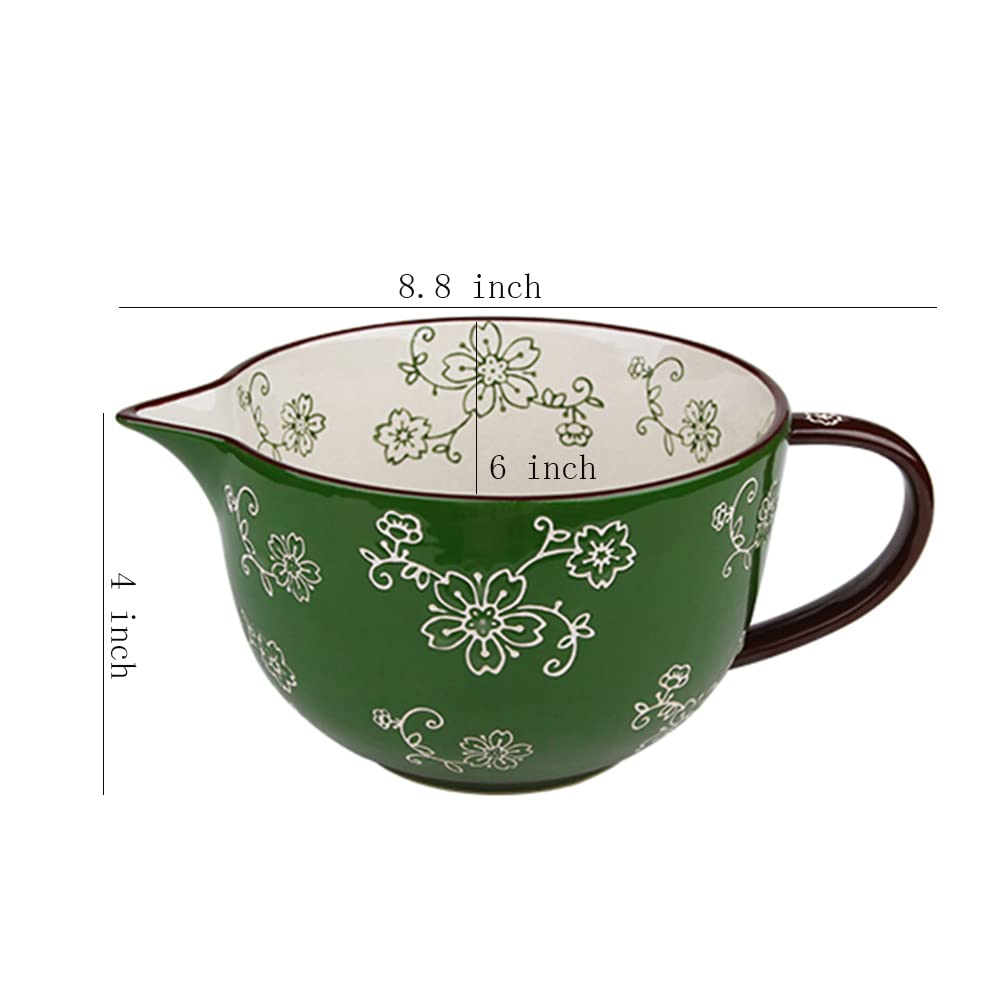 Cherry Blossom Pattern Kitchen Ceramic Mixing Bowl, 1 Quart Large Bowl, with Pouring Spout and Handle