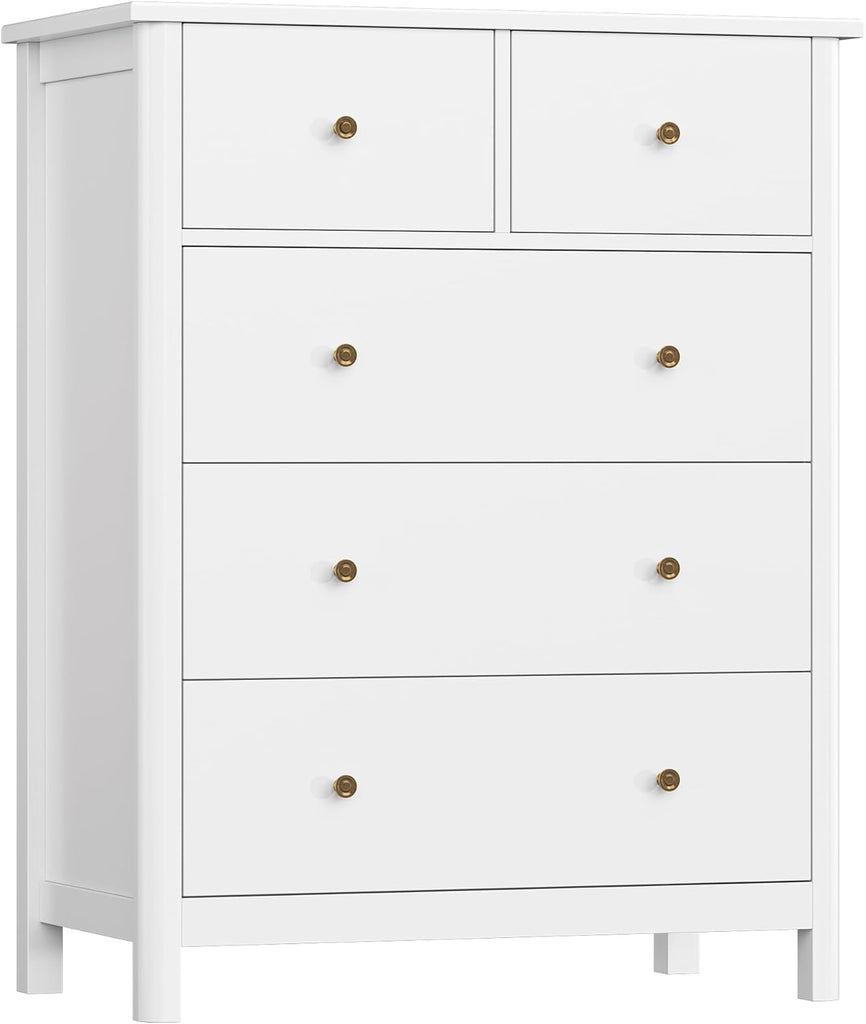 White Dresser with 5 Drawers, Tall Chest of Drawers, 5 Drawer Dresser with Deep Space, Wood Storage Cabinet , White