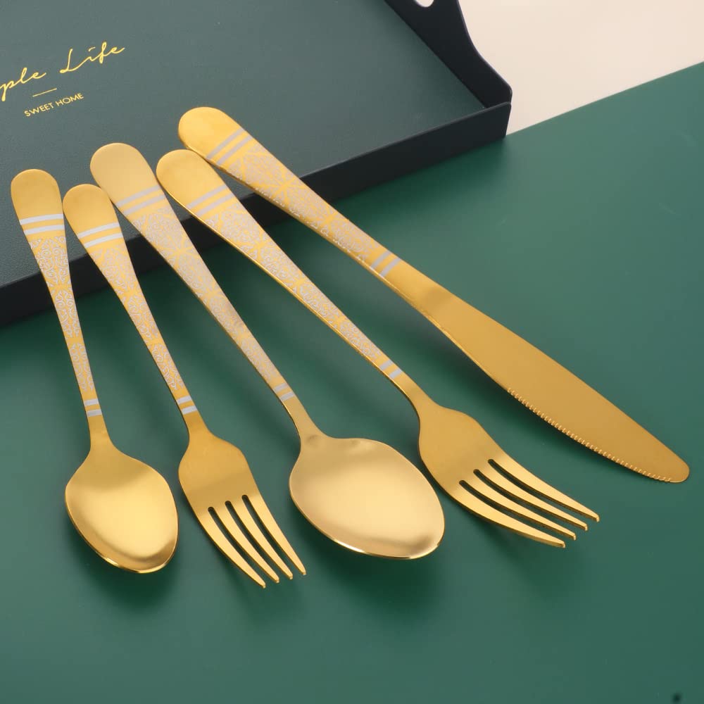 Christmas Gift Gold Hammered Flatware Sets for 4, 20 Pieces Unique Pattern Design Stainless Steel Cutlery Silverware