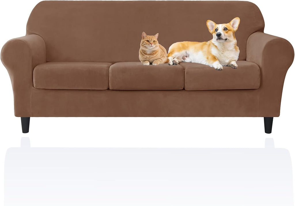 Velvet Couch Covers - Stretch Soft Sofa Slipcovers for 3 Cushion Couch - Pet Friendly and Durable Fabric for Dogs