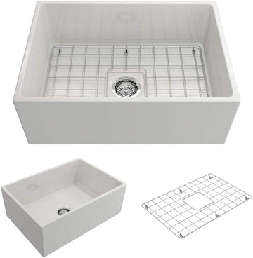 Contempo Farmhouse Apron Front Fireclay 27 in. Single Bowl Kitchen Sink with Protective Bottom Grid and Strainer in
