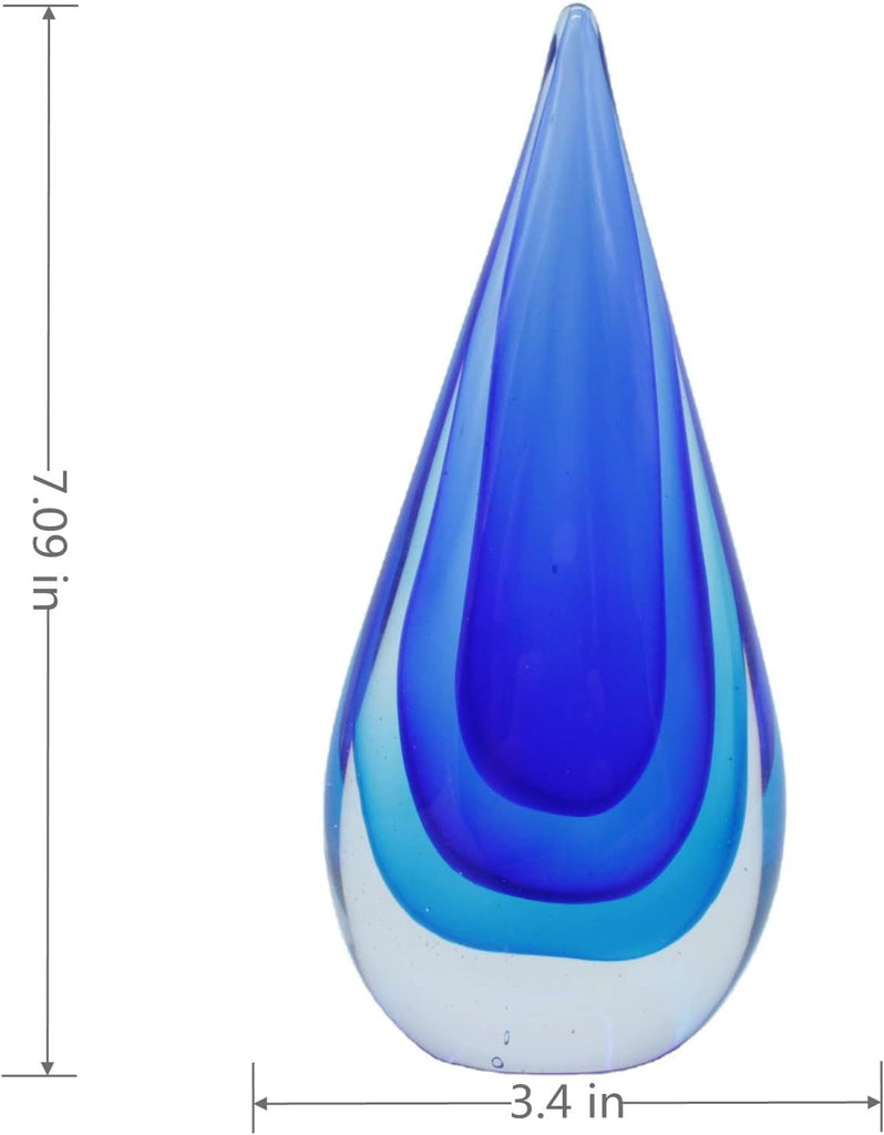 Glass Sculpture Hand-Blown Murano-Style Glass Statue and Figurine, Blue Teardrop Decor