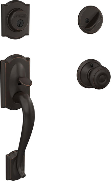 F60 V CAM 716 GEO Camelot Front Entry Handleset with Georgian Knob, Deadbolt Keyed 1 Side, Aged Bronze - Door Handleset