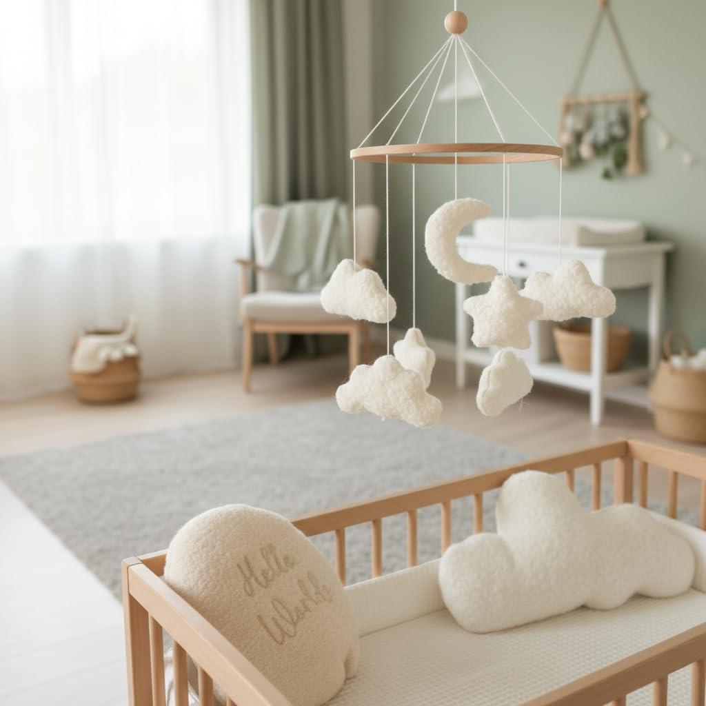 Cloud Crib Mobile Baby Mobile for Crib Neutral Boho Moon and Clouds Mobile Neutral Nursery Décor Boucle Mobile